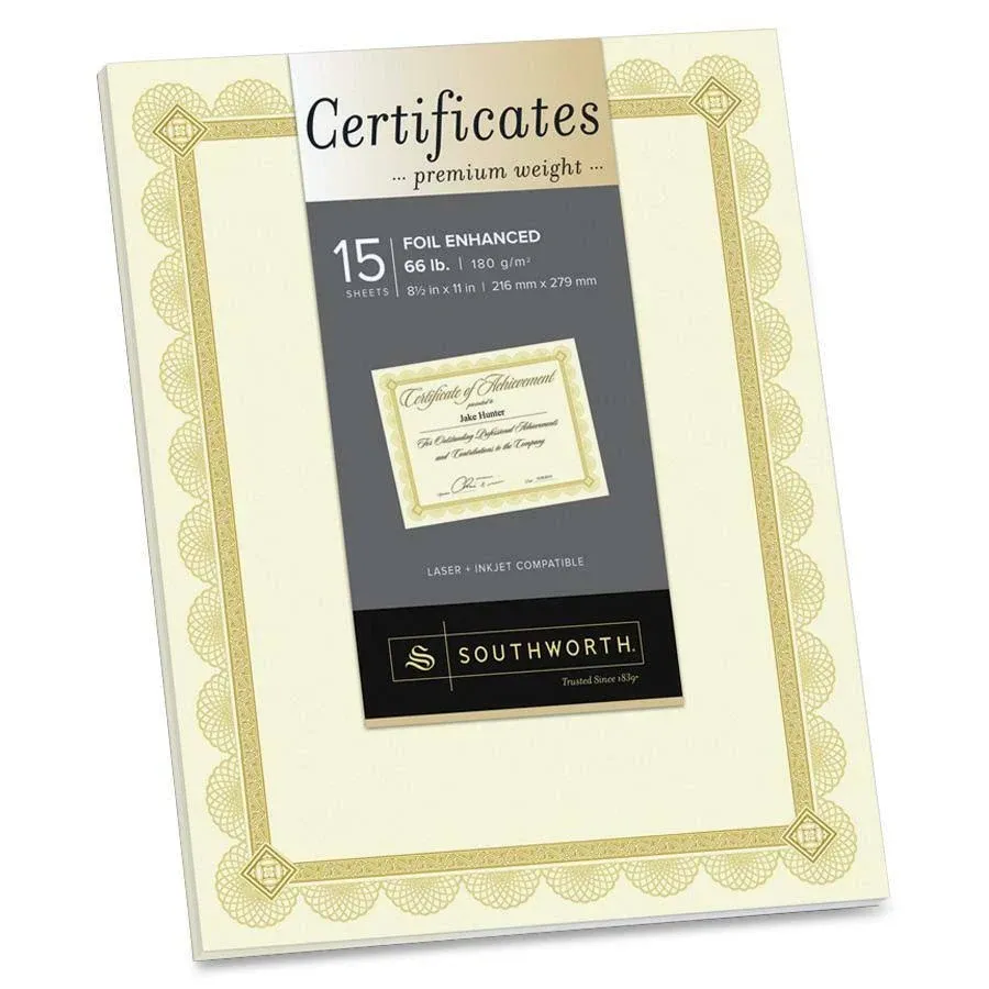 Southworth Premium Certificates Ivory Spiro Gold Foil Border 66 lb 8.5 x 11 15/Pack