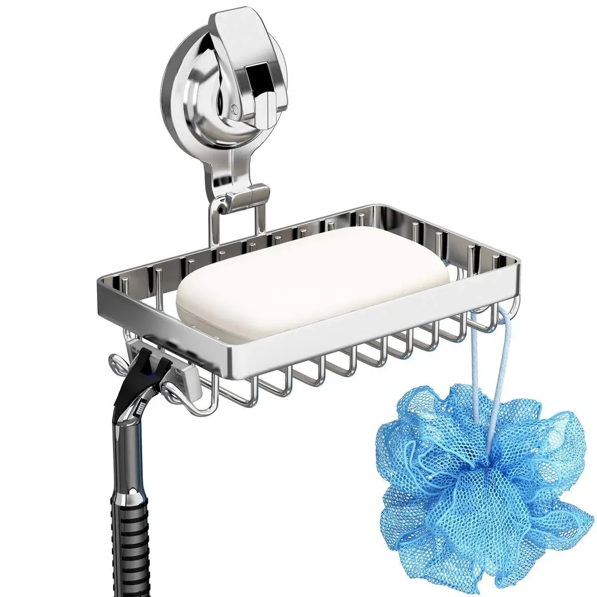 Suction Cup Soap Dish Holder with Hooks for Razor, Sponge, Rust Silver 