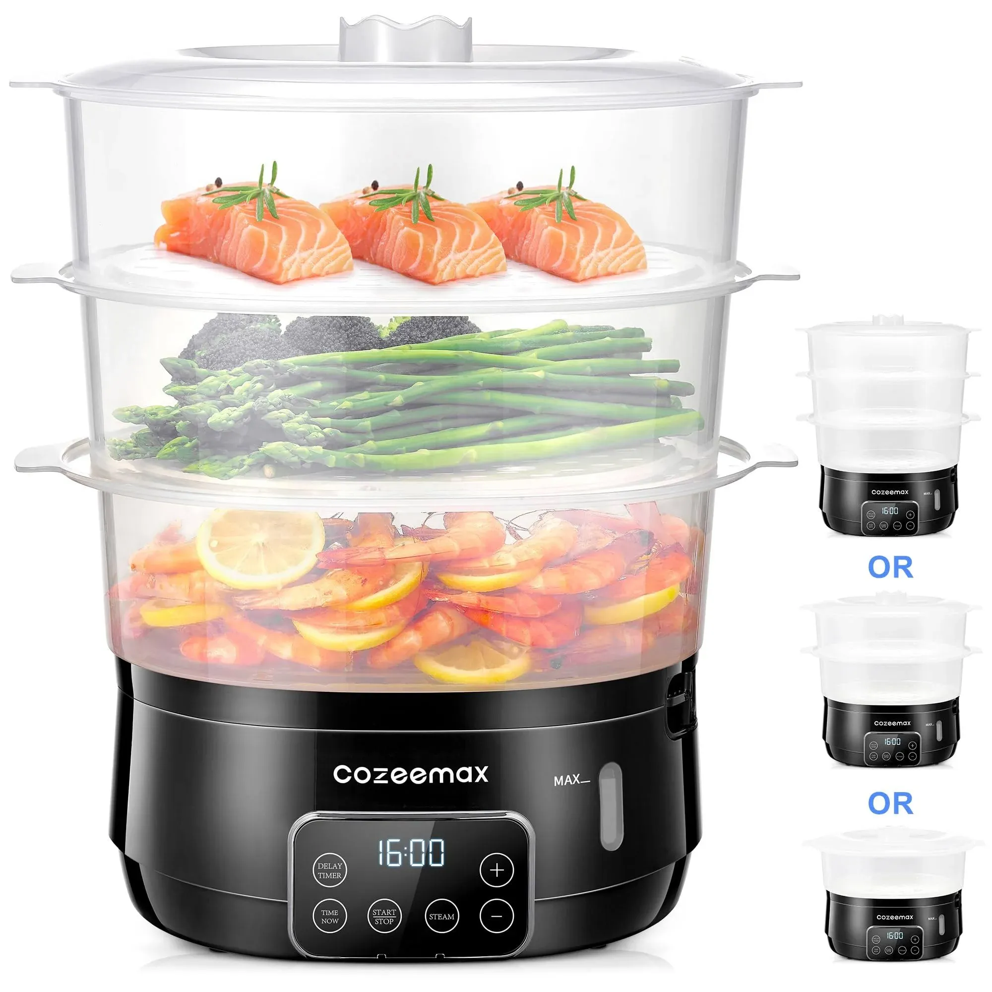 Cozeemax 3 Tier Electric Food Steamer with for Cooking, Programmable 13.7QT Vegetable Steamer, Veggie Steamer, Food Steam Cooker, Auto Shutoff & Boil Dry Protection, BPA Free(Black)