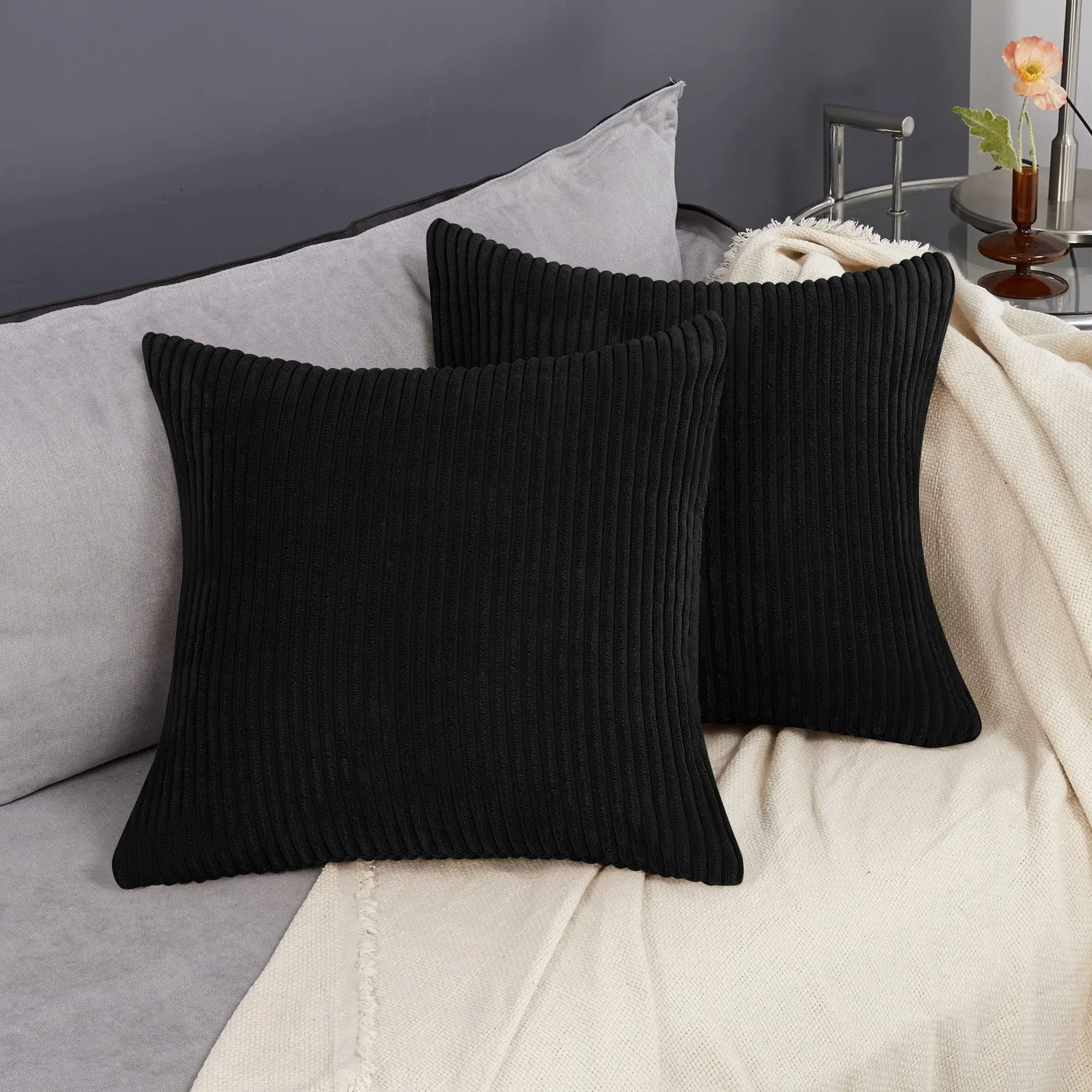 Deconovo Decorations Set of 2, Halloween Throw Pillow Cover, 16x16 Inch, Jet Black, Black Corduroy Cushion Covers with Stripe Pattern for Couch Sofa Chair Bedroom Living Room