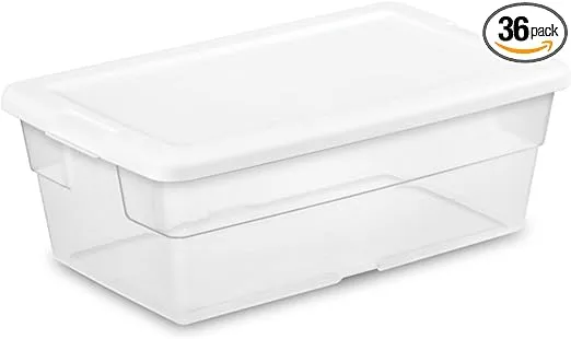 Sterilite 6 Quart Clear Stacking Closet Storage Tote with White Lid (36 Pack)