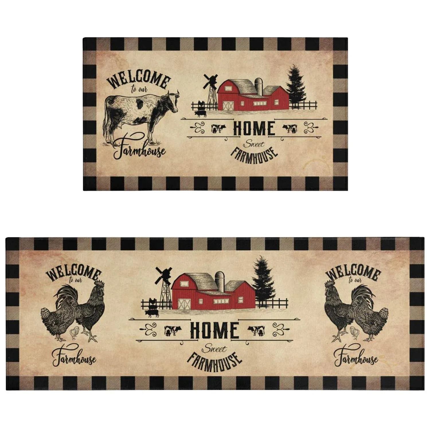 Farmhouse Kitchen Rugs Sets of 2 Brown Country Rustic Rooster Cow Kitchen Rug Washable Non-Slip Kitchen Floor Mats for in Front of Sink Farmhouse Kitchen Decor