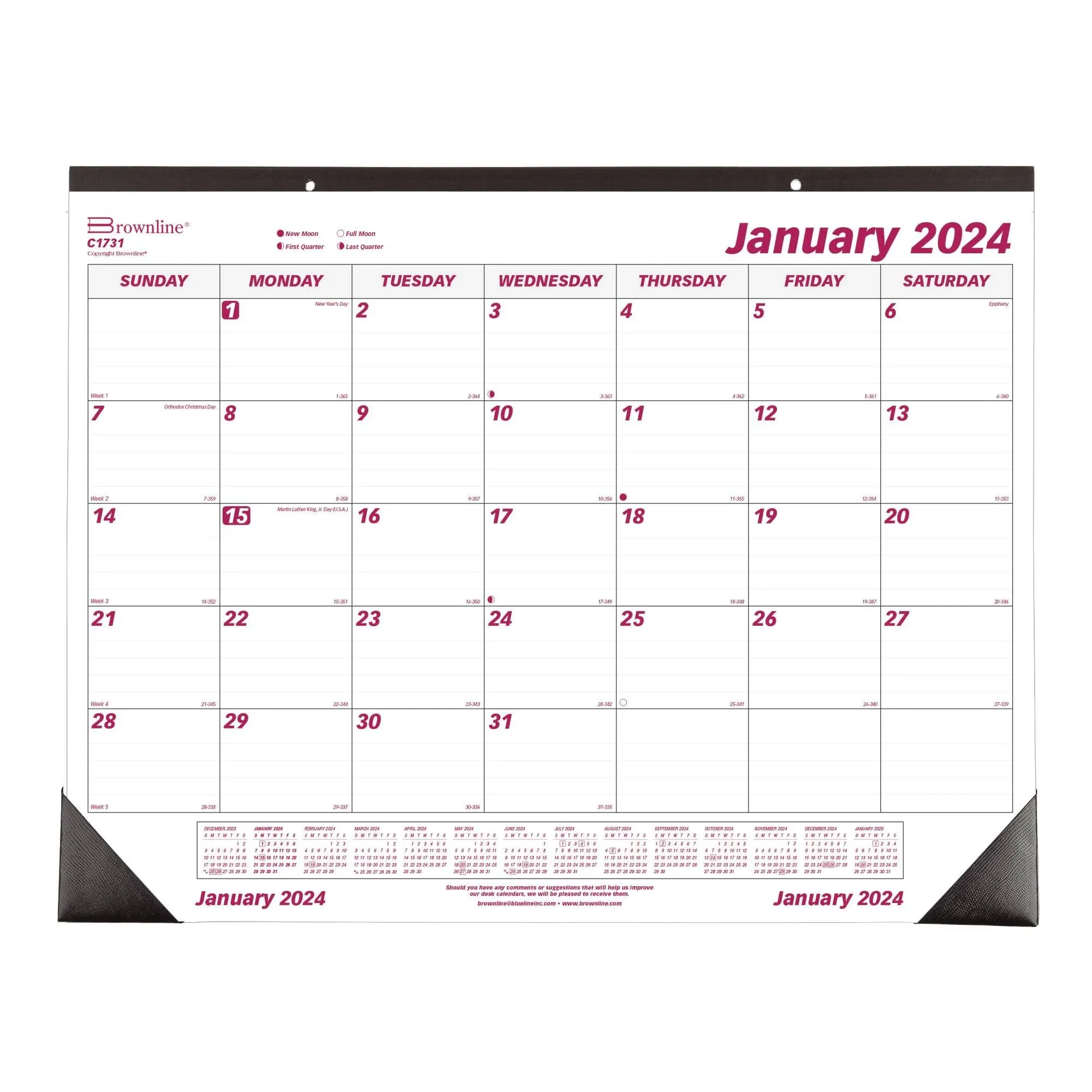 Monthly Desk Pad Calendar, 22 x 17, White/Burgundy Sheets, Black Binding, Black Corners, 12-Month (Jan to Dec): 2025