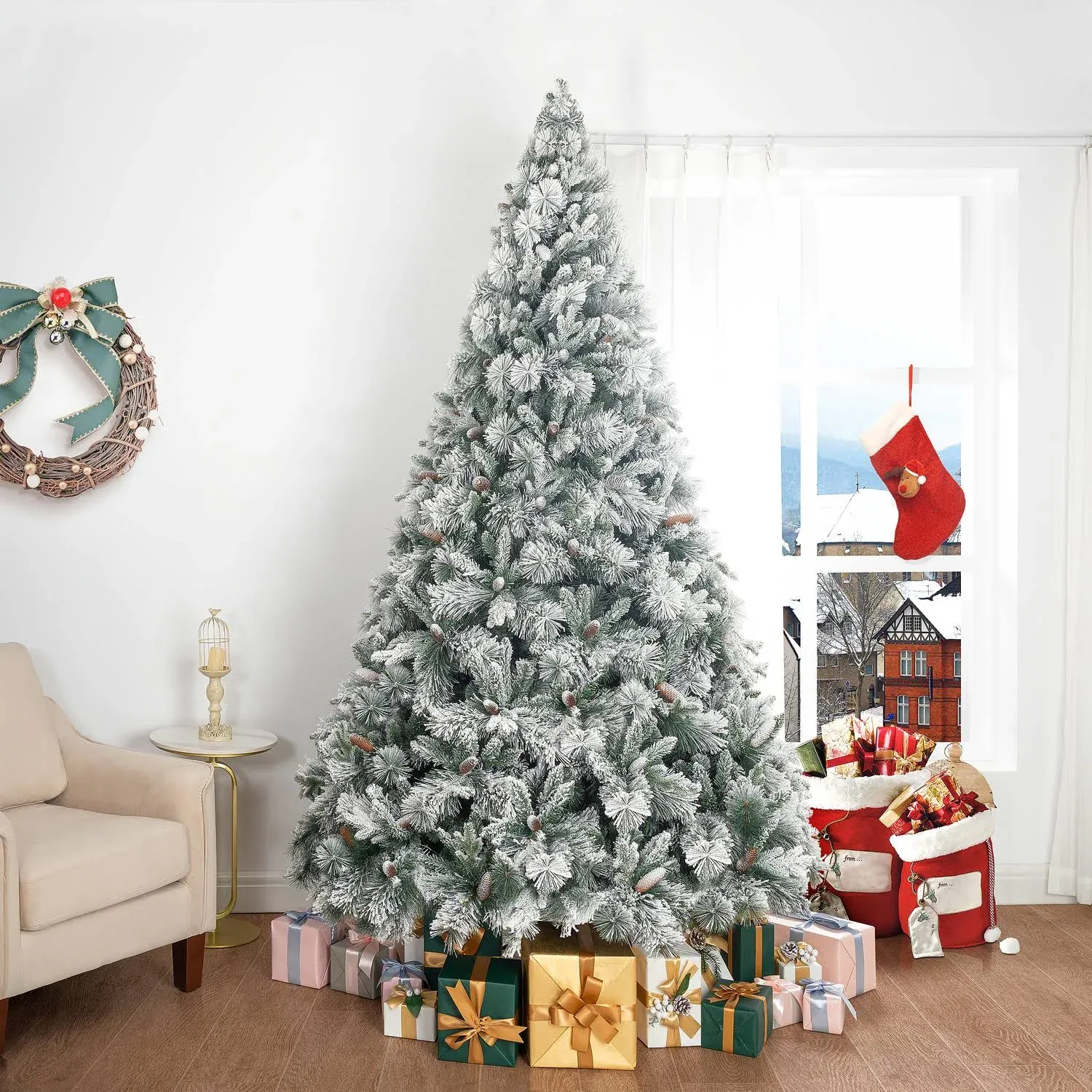 Glasgow 7.5ft Frosted Prelit Artificial Christmas Tree with Pine Cones, Foot Pedal, 1556 Branch Tips, 750 Warm Lights and Metal Stand, 61" wide Realistic Snow Flocked Pine Christmas Tree with Lights