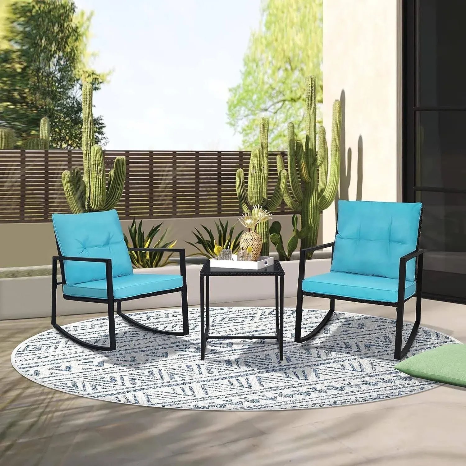 SUNCROWN 3-Piece Outdoor Patio Wicker Bistro Rocking Chair Set - Two Chairs with Glass Coffee Table (Beige-White Cushion) Black