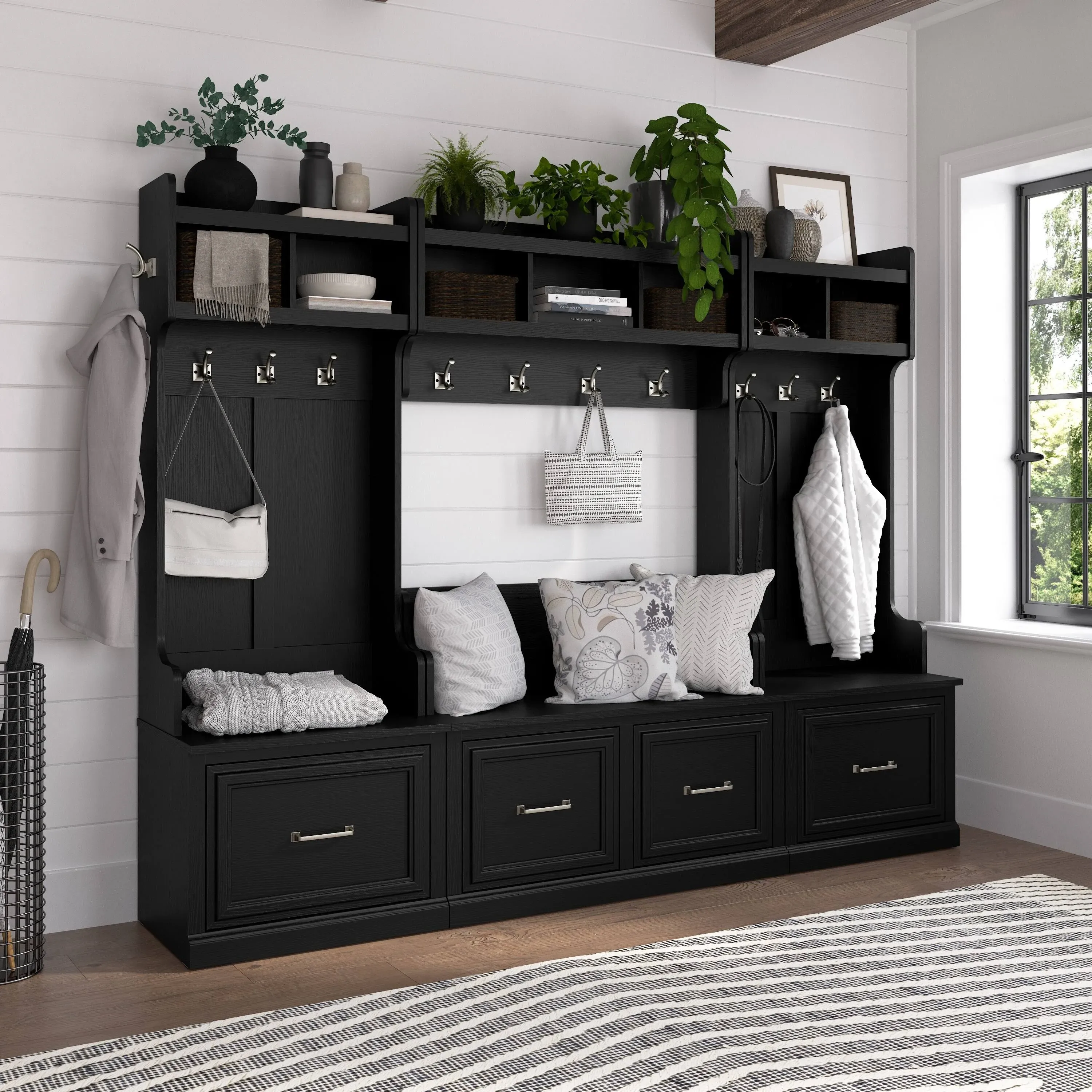 Woodland 24W Hall Tree &amp; Shoe Bench w/ Shelves in Black Oak - Engineered Wood