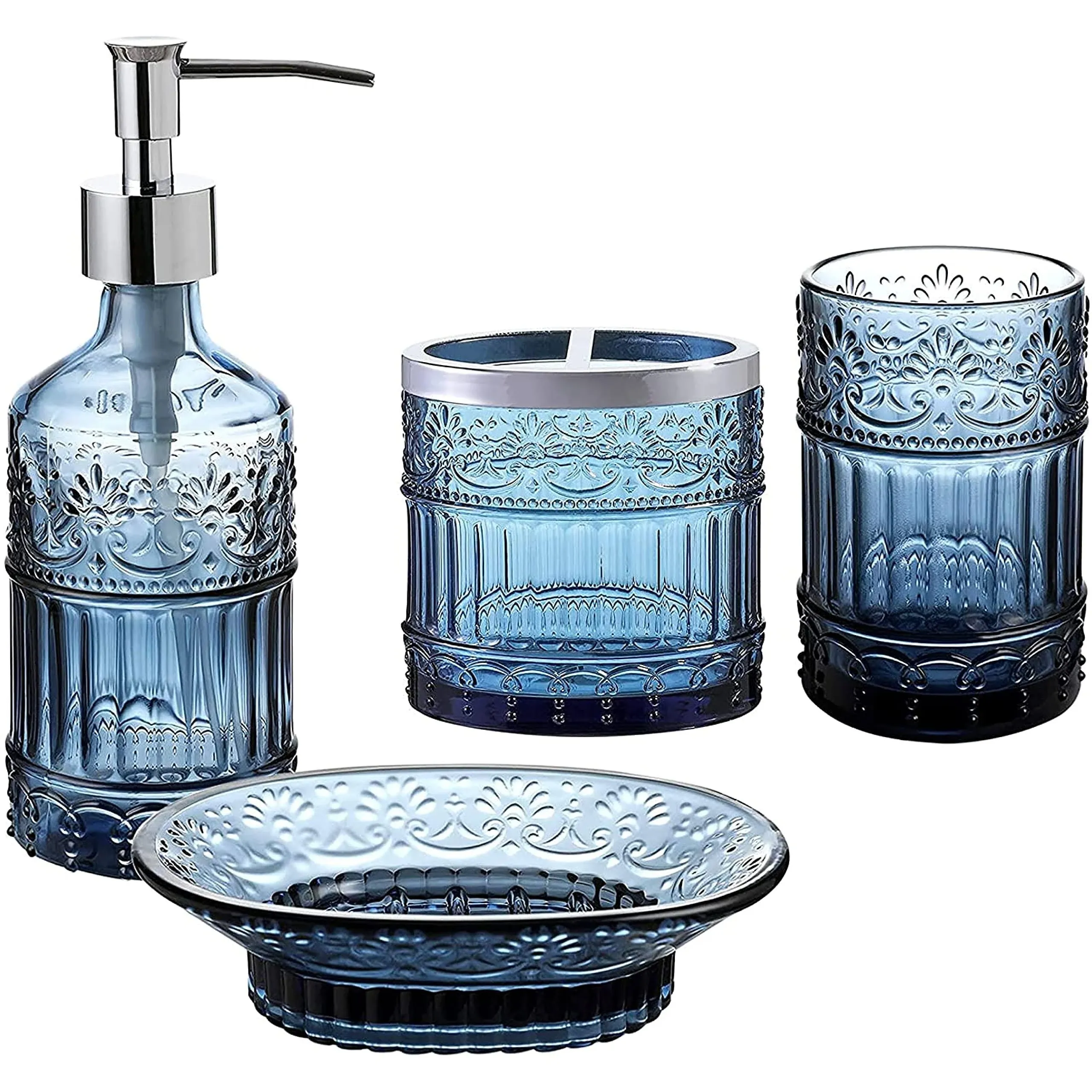 WHOLE HOUSEWARES | Bathroom Accessory Set | 4-Piece Decorative Glass Bathroom  