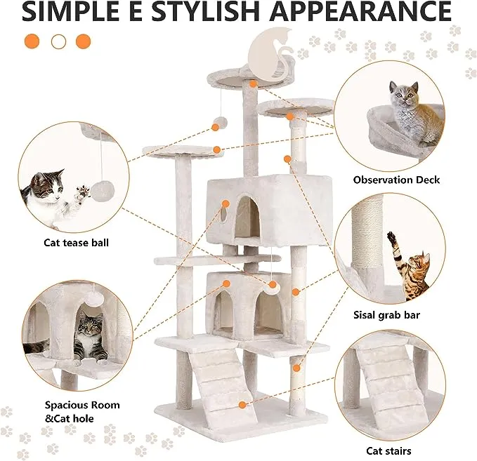 BestPet 54in Tree Tower for Indoor Cats,Multi-Level Cat Furniture Activity Center with Cat Scratching Posts Stand House Cat Condo with Funny Toys for Kittens Pet Play House,Beige