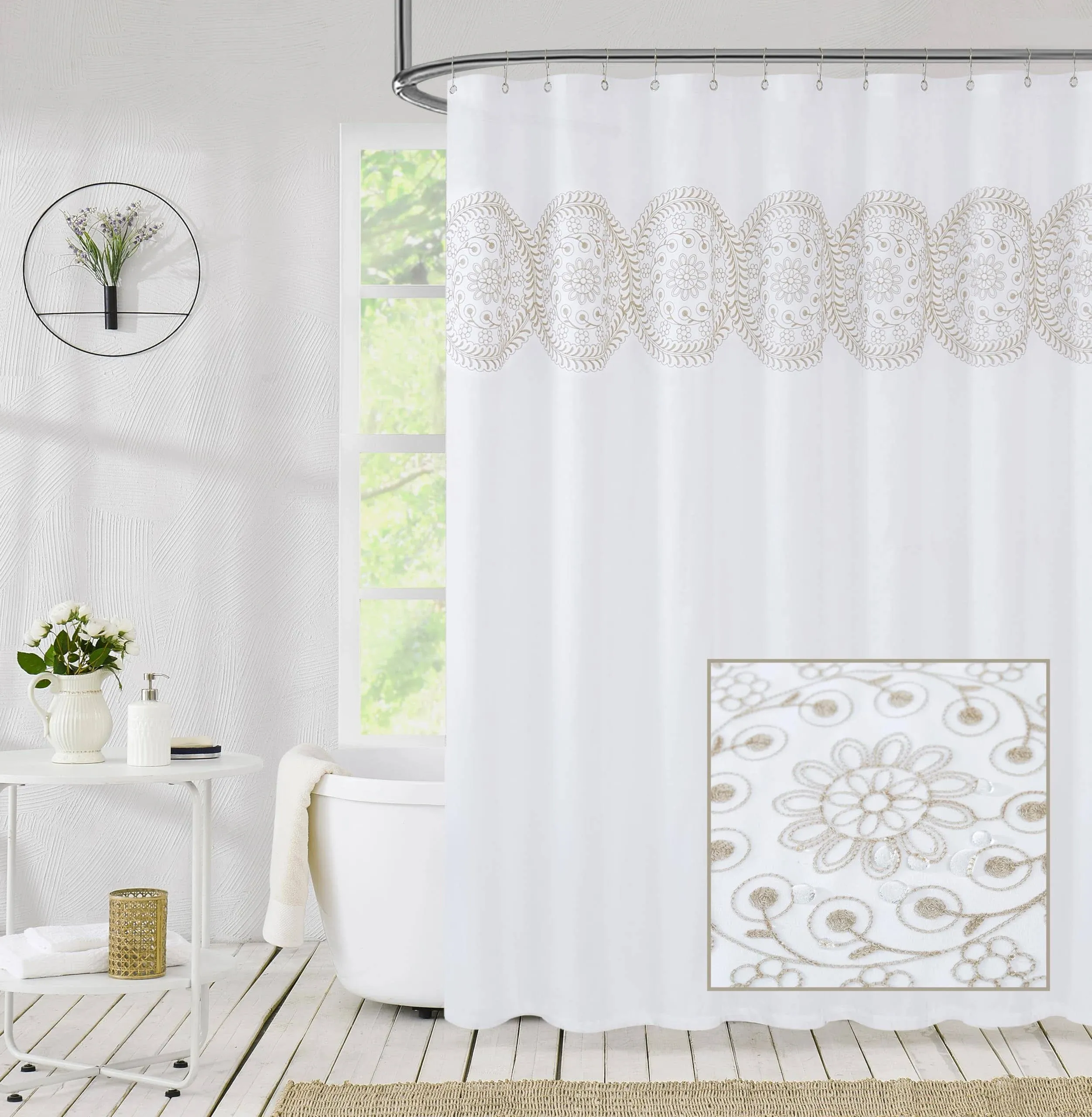 Jubilantex Tan and White Embroidered Shower Curtain