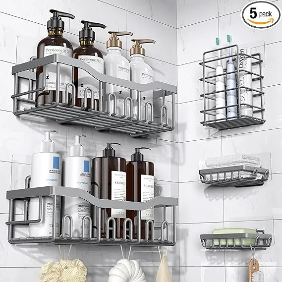 EUDELE Shower Caddy 5 Pack,Adhesive Shower Organizer for Bathroom Storage&Home Decor&Kitchen,No Drilling,Large Capacity,Rustproof Stainless Steel