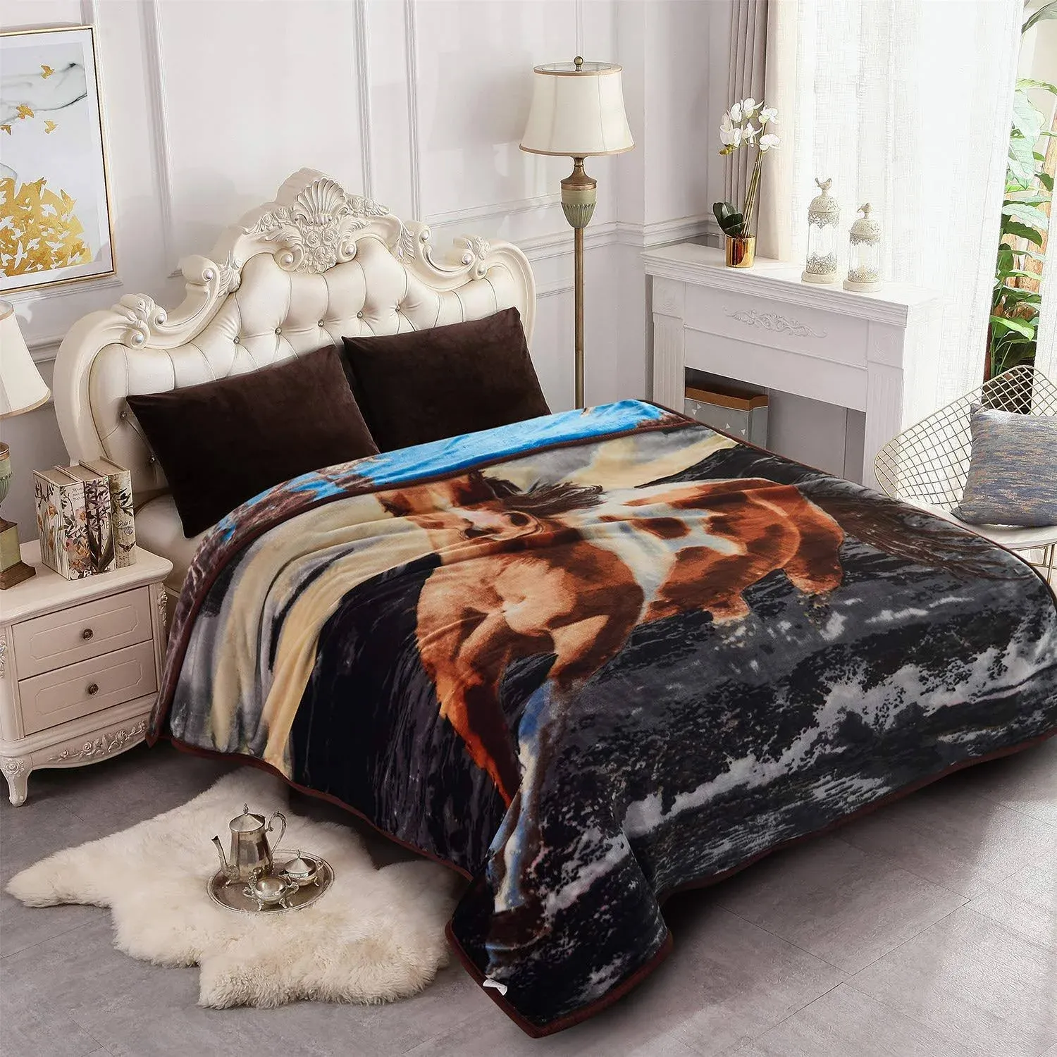 JYK Korean Style Mink Fleece Blanket 75”x87” 5 LB - 2 Ply Reversible 520GSM Silky Soft Plush Warm Blanket for Autumn Winter (Horse/Reindeer, Queen)