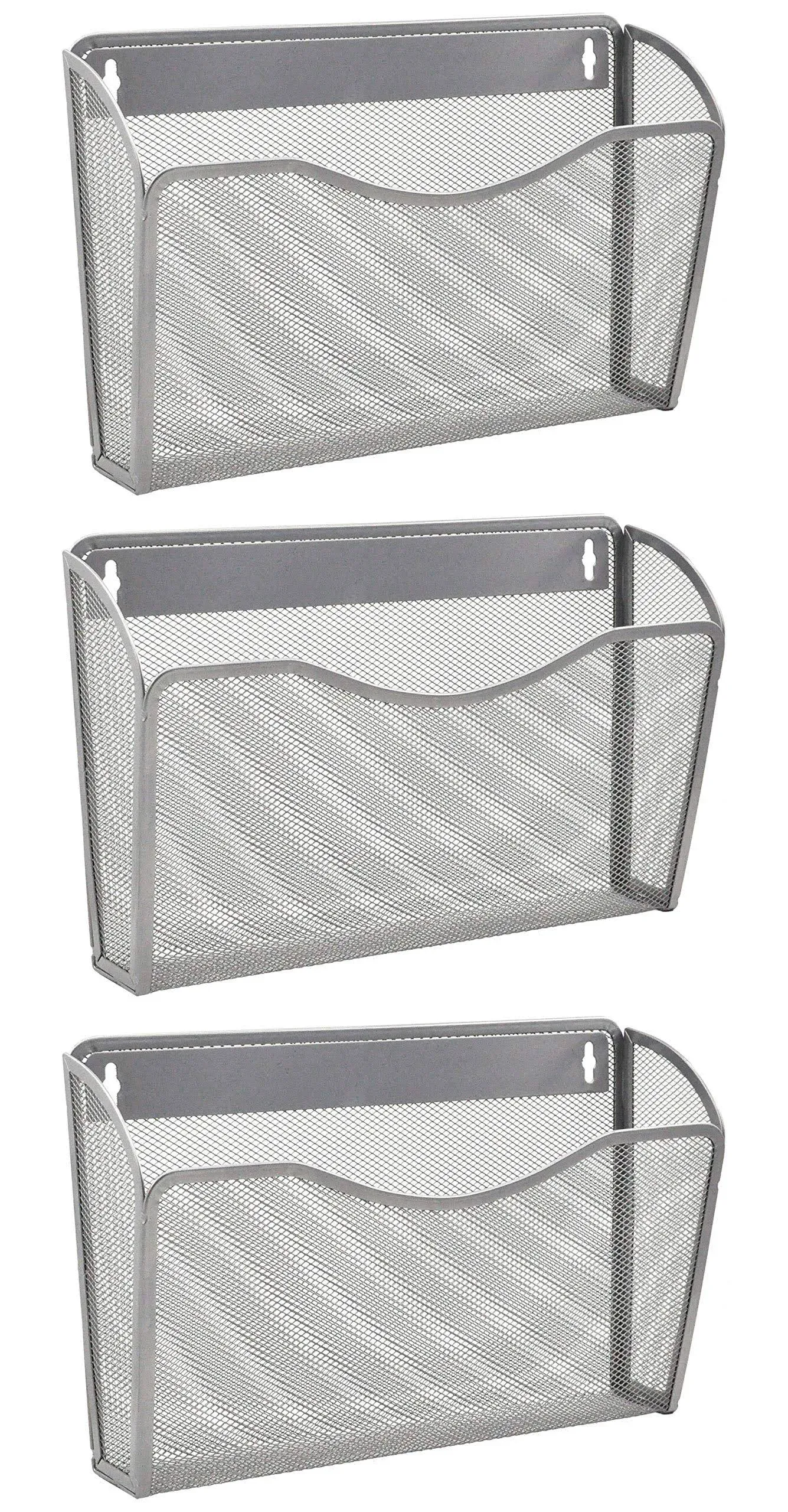 EASEPRES 3 Single Pocket Mesh Hanging File Organizer, Vertical Wall Mounted Magazine File Holder, Mount Basket Mail Paper Document Folder Organizing for Office, Home and School, Silver