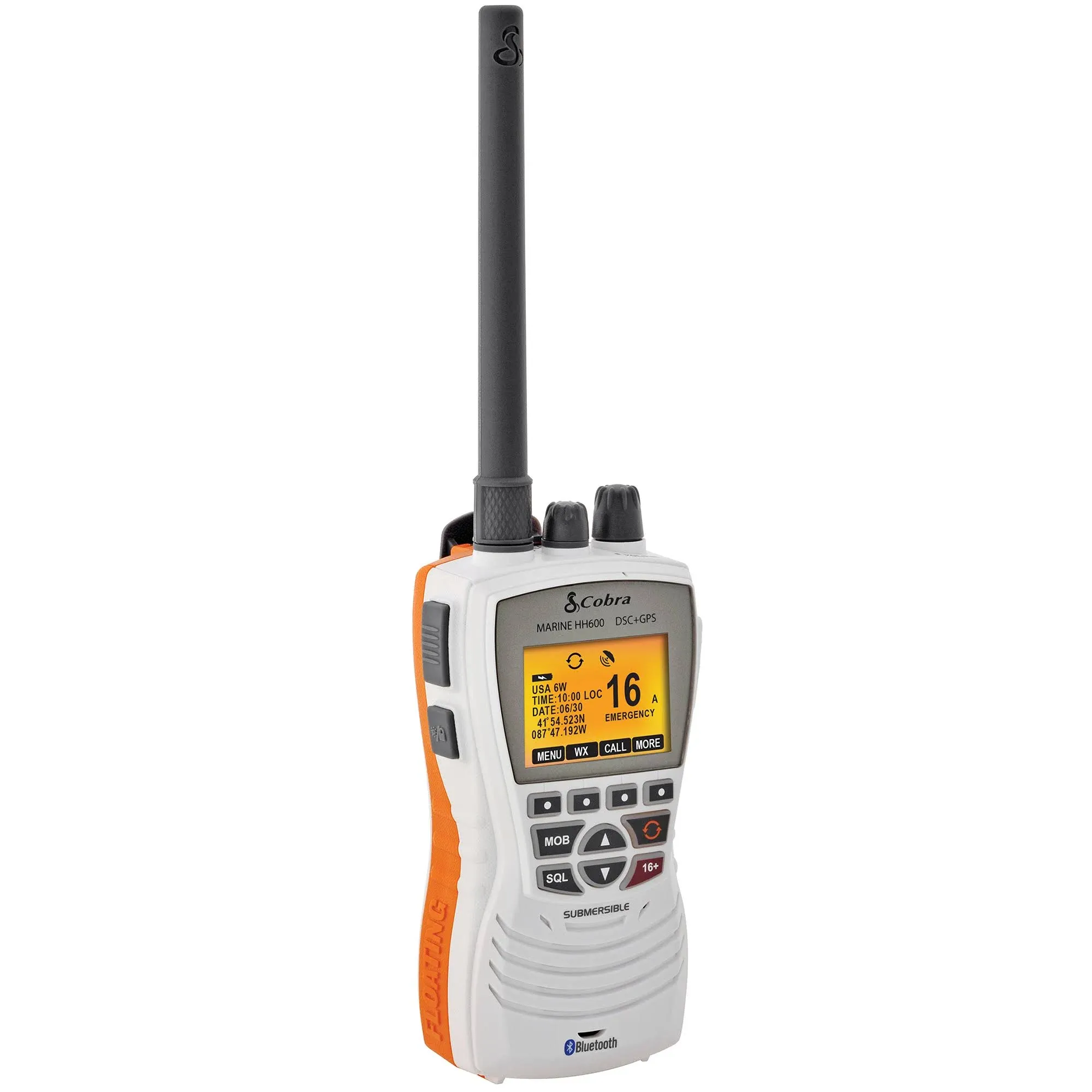 Cobra MR HH600WFLTBTGPS Handheld Floating VHF Radio 6 Watt, GPS, Bluetooth, Submersible, Noise Cancelling Mic, Backlit LCD Display, MemoryScan, White