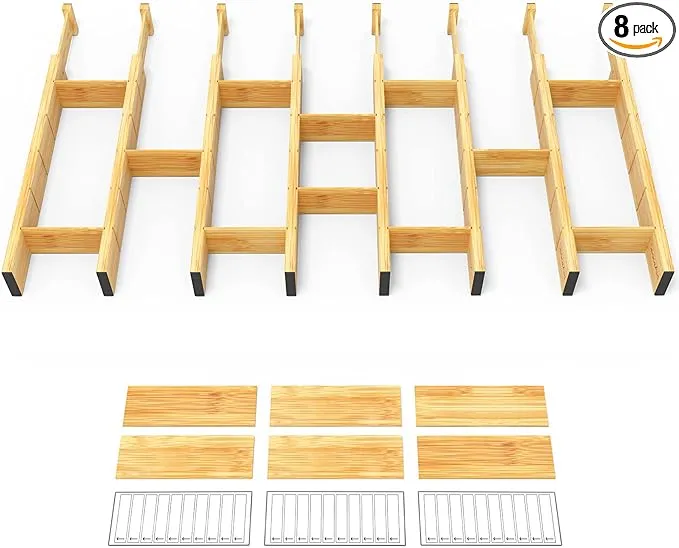 SpaceAid Adjustable Bamboo Drawer Dividers with Inserts - Expandable Organizers for Home and Office, 8 Dividers with 18 Inserts