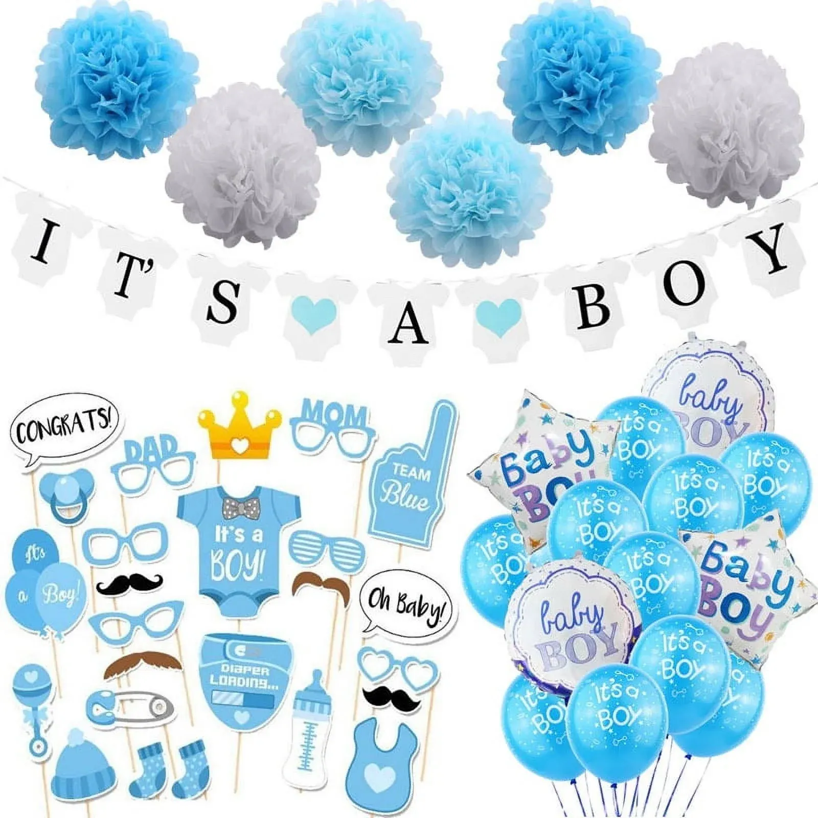 54pcs It's A Boy, Baby Shower Decorations Set with Photo Booth Props Large ...