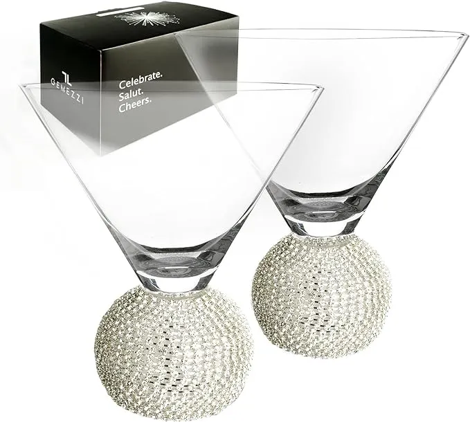 Stemless Martini Glasses Set of 2, Silver Stemless Modern Cocktail Glass, Crystal Ball Base in Elegant Box, Perfect Bar Accessories for Margarita, Manhattan, Cosmos, Mixed Drinks, and Desserts