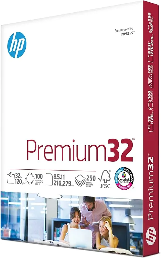 HP Papers | 8.5 x 11 Paper | Premium 32 lb | 1 Ream - 250 Sheets | 100 Bright | Made in USA - FSC Certified | 113500R