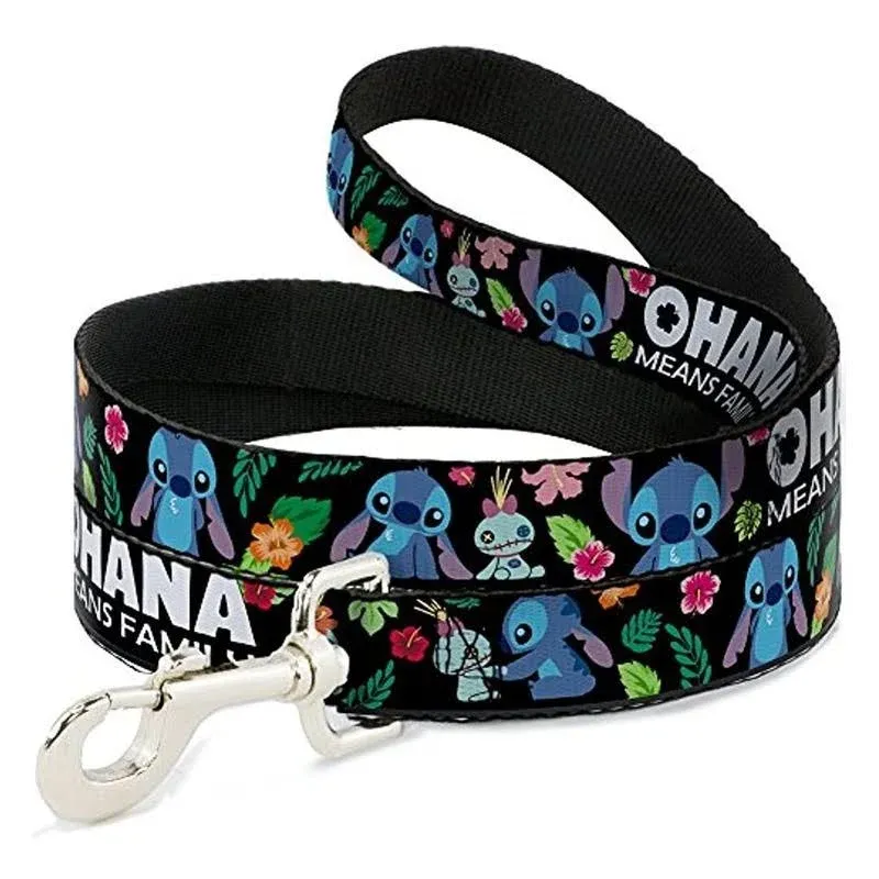 Dog Leash Ohana Means Family Stitch Scrump Poses Tropical Flora Black 4 Feet Long 1.0 Inch Wide