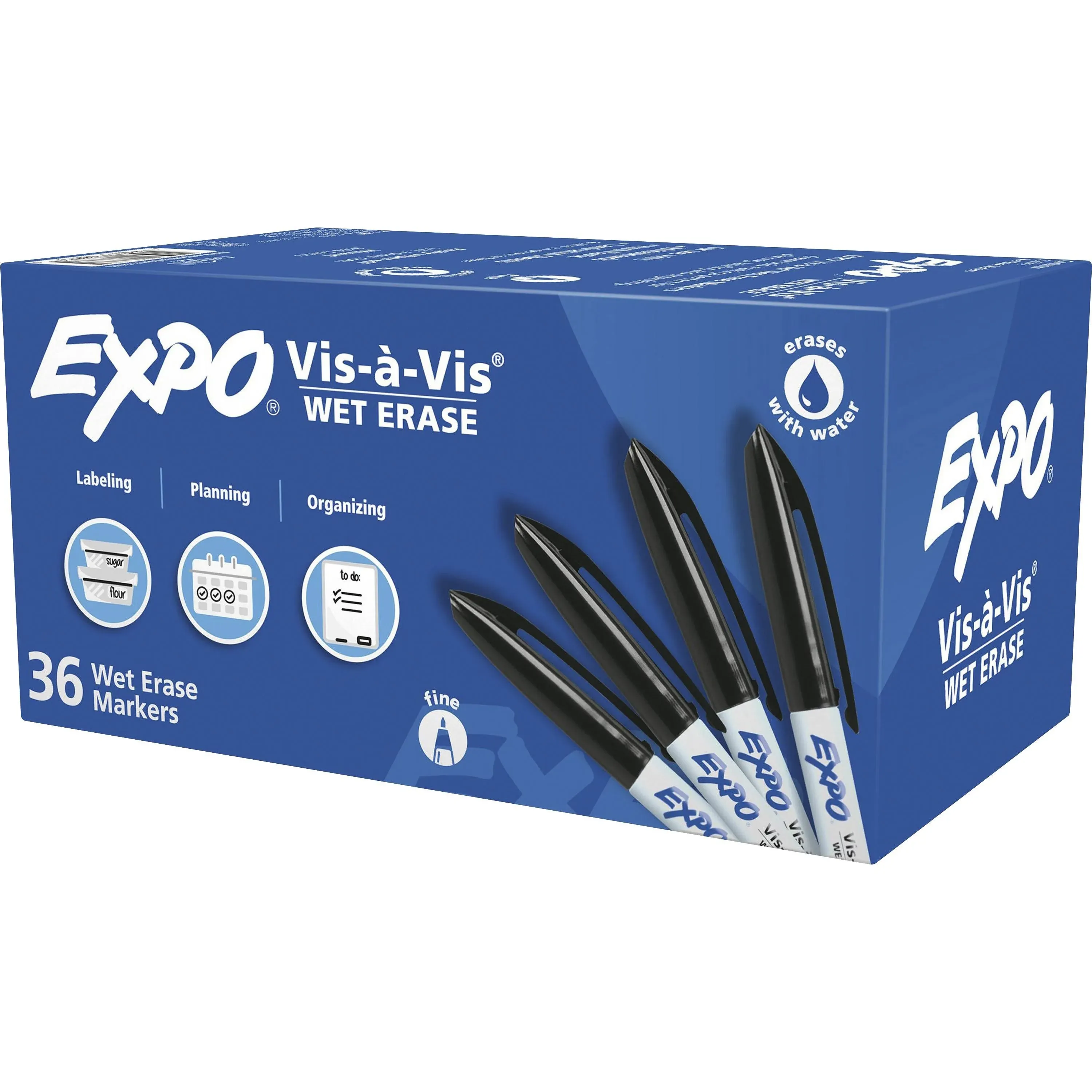 EXPO Vis-a-Vis Wet Erase Markers, Fine Point, Black, 36 Count