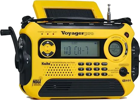 Kaito Voyager Pro KA600 Digital Solar Dynamo Crank Wind Up AM/FM/LW/SW & NOAA Weather Emergency Radio with Alert RDS & Smart Phone Charger Yellow