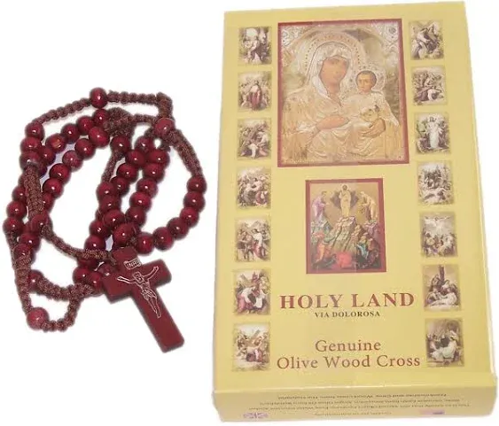 Holy Land Market Set 6 in 1 Olive Wood Cross Set with 4 Bottles - Anointing Blessed Oil, Jordan River Water, Holy Bethlehem Earth, Blessed Frankincense From Jerusalem and Wooden Rosary