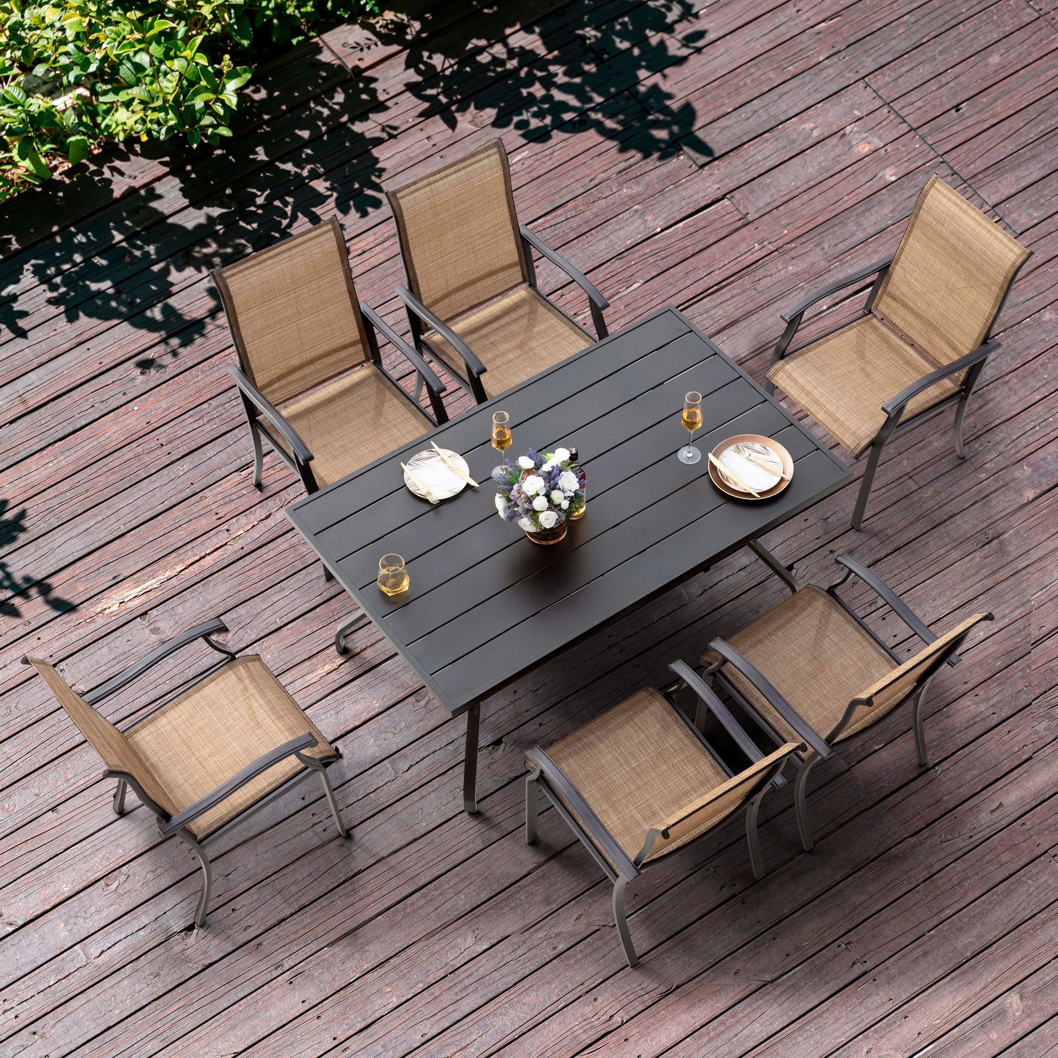 Nuu Garden 7 Pieces Patio Metal Dining Set Black &amp; Brown