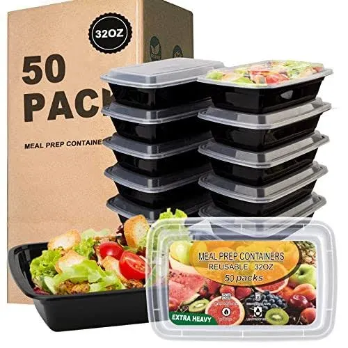 50 Pack- Meal Prep Containers 32Oz, Plastic Food Prep Containers with Lids, Leak