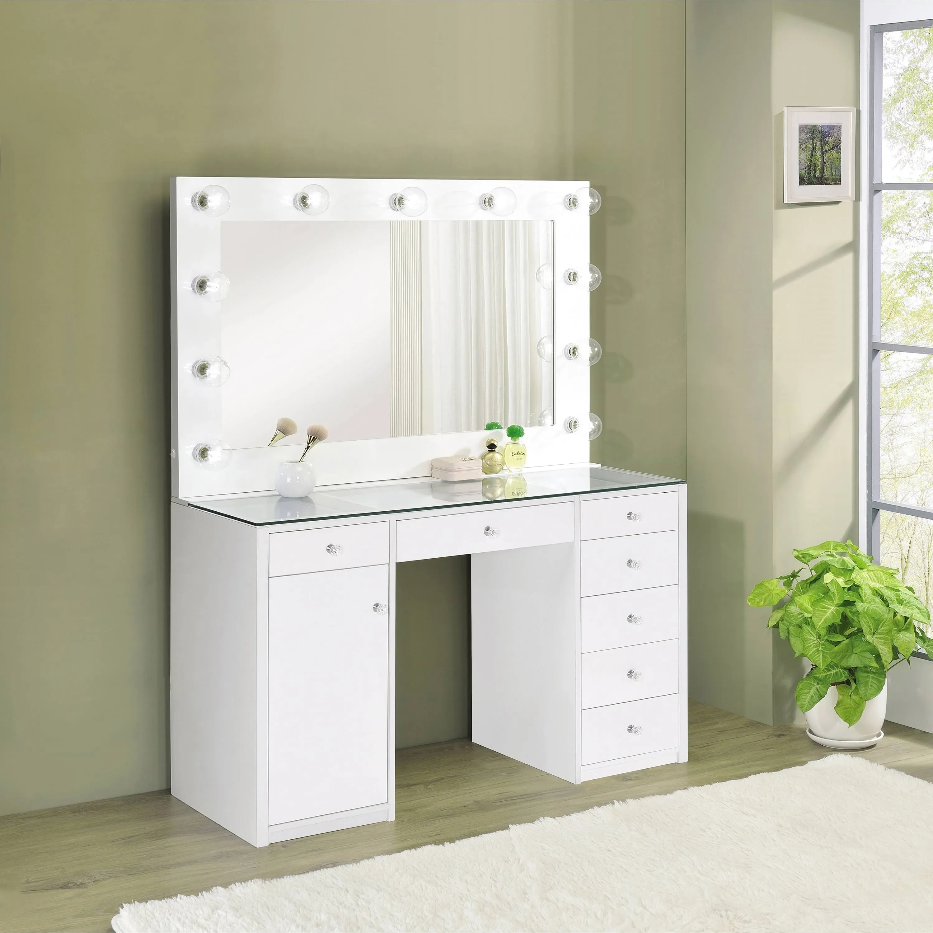 Coaster 7-Drawer Glass Top Vanity Desk with Lighting