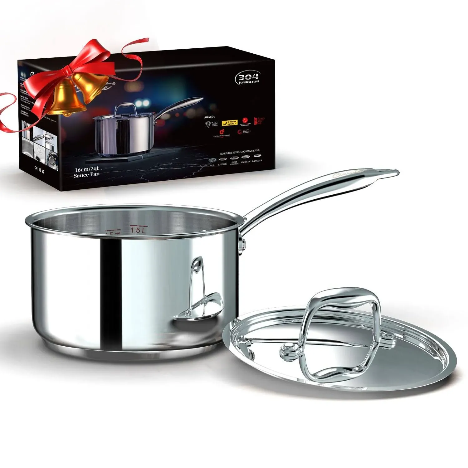 2 Qt Sauce Pan with Lid, Tri Ply Stainless Steel Saucepan, 2 Measuring Lines, Co