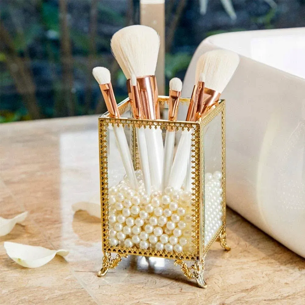 Putwo Makeup Brush Holder Glass and Brass Vintage Makeup Brush Organizer Handmade ...