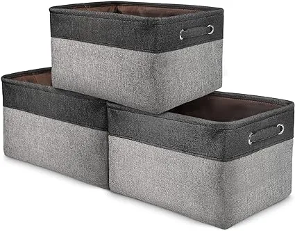 Awekris Foldable Storage Bin Basket Set [3-Pack] Canvas Fabric Collapsible Organizer With Handles Storage Cube Box For Home Office Closet, Grey/Tan (Grey)