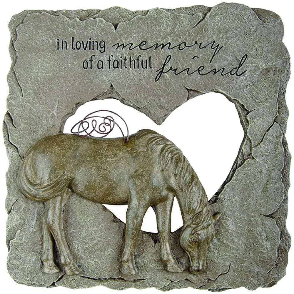 Outdoor Garden Sympathy Resin Animal Pet Memorial Stone with Devoted Angel Horse, Quote, and Heart Cutout, Gray