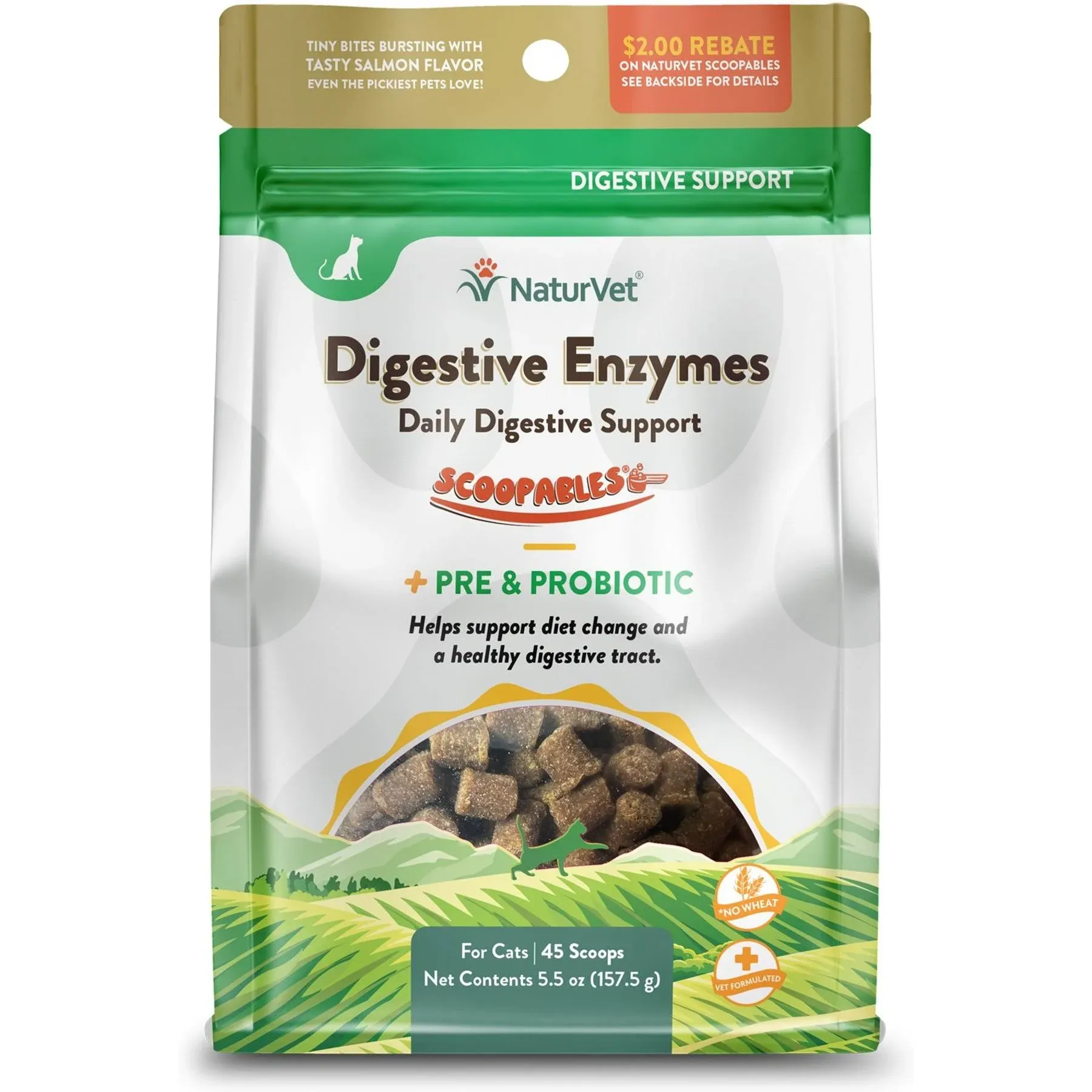 NaturVet Scoopables Cat Digestive Support - Digestive Enzymes for Cats with Probiotic - Supports Diet Change, Sensitive Stomachs & Healthy Digestive Tract - Salmon Flavored | 5.5oz Bag