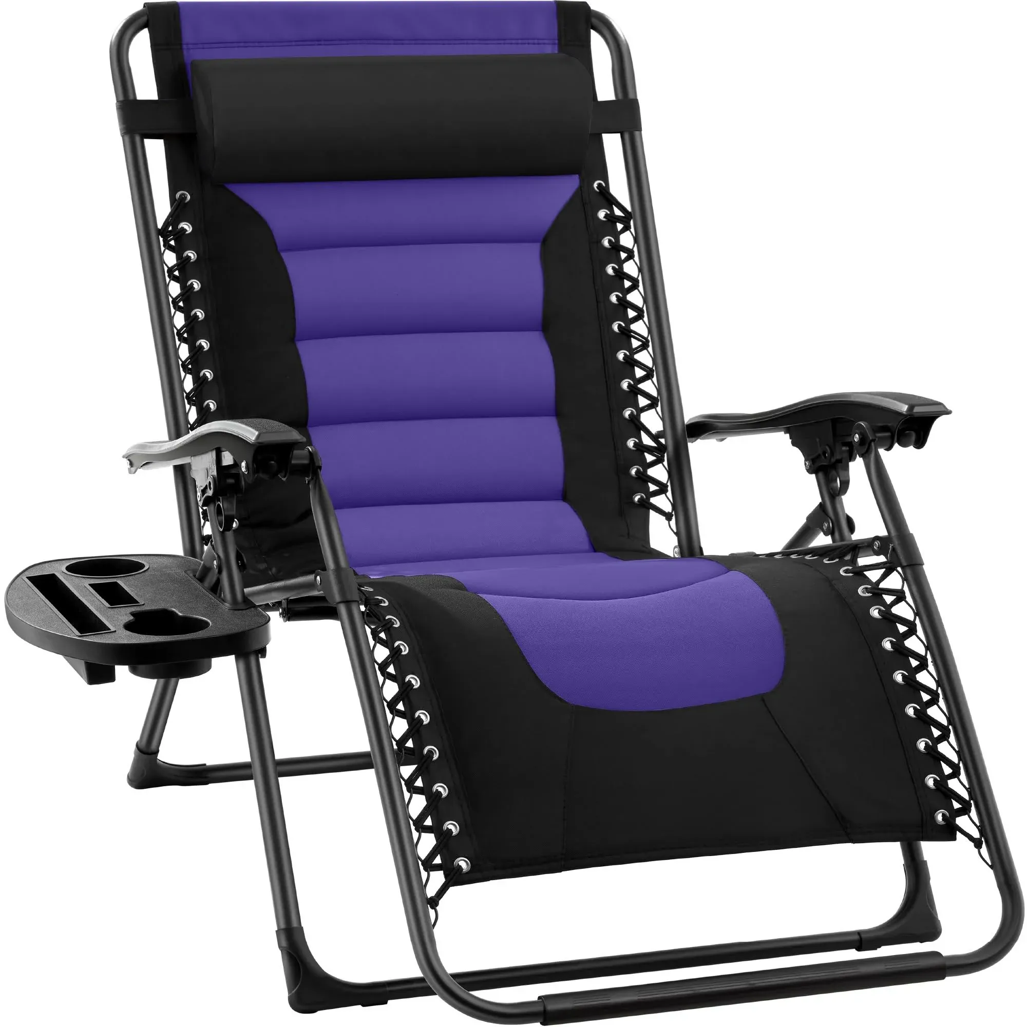 Best Choice Products Oversized Padded Zero Gravity Chair, Folding Outdoor Patio Recliner w/ Side Tray - Black/Purple