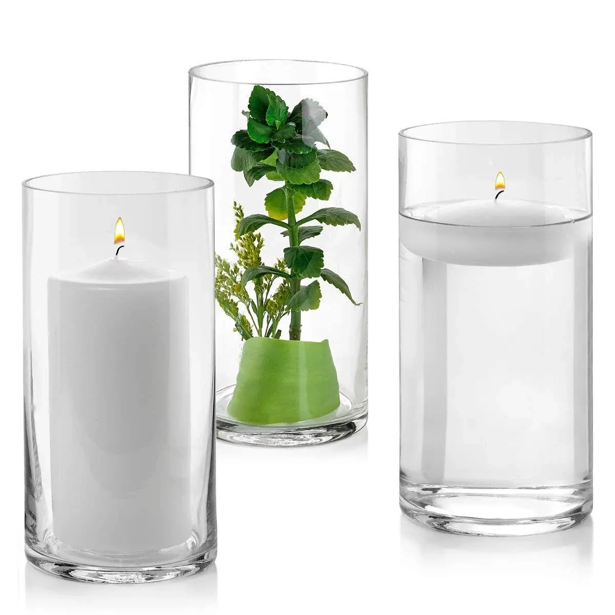 Set of 3 Glass Cylinder Vases 8 Inch Tall - Multi-use: Pillar Candle, Floating Candles Holders or Flower Vase – Perfect as a Wedding Centerpieces. (Clear)