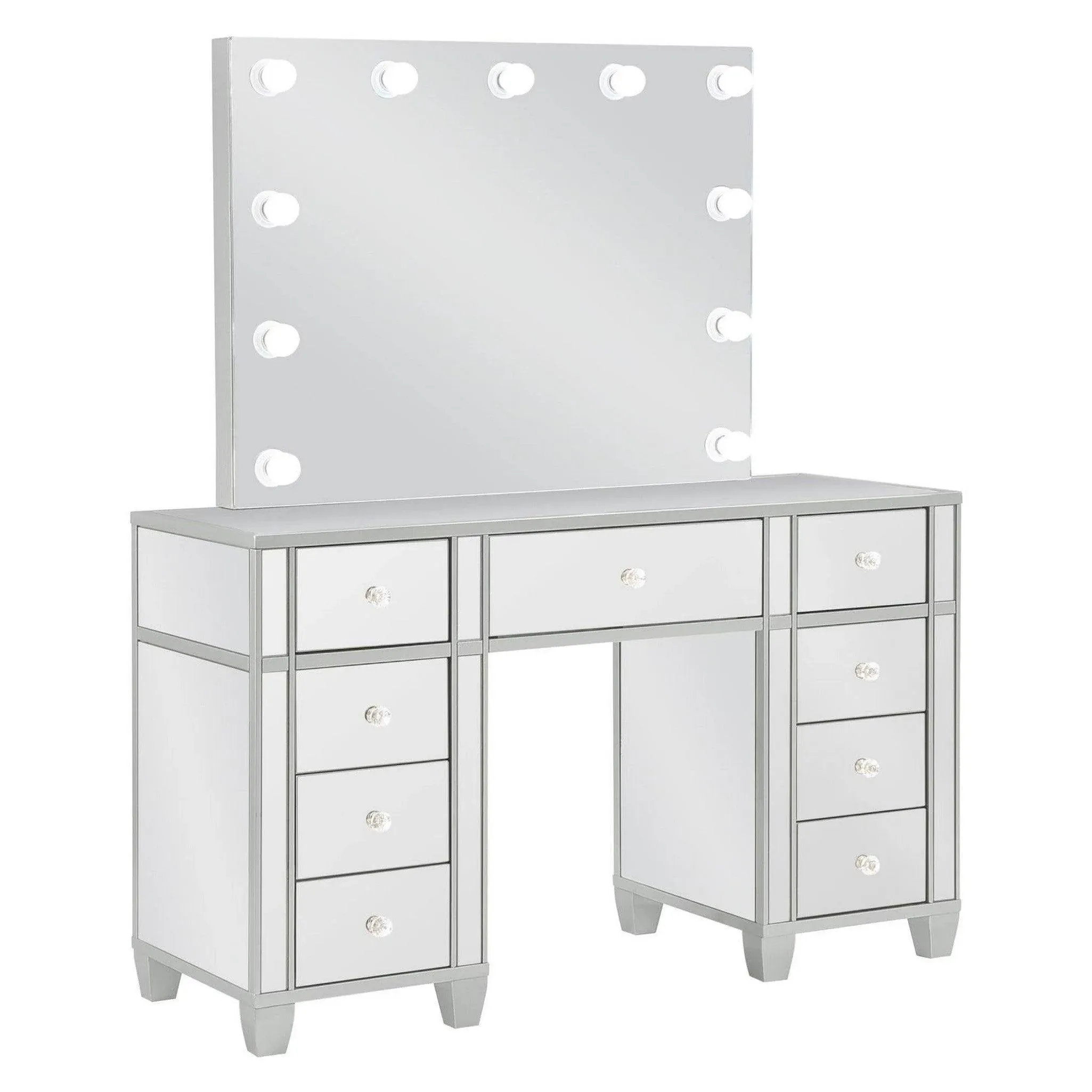 Coaster Allora 9-Drawer Mirrored Storage Vanity Set with Hollywood Lighting Metallic