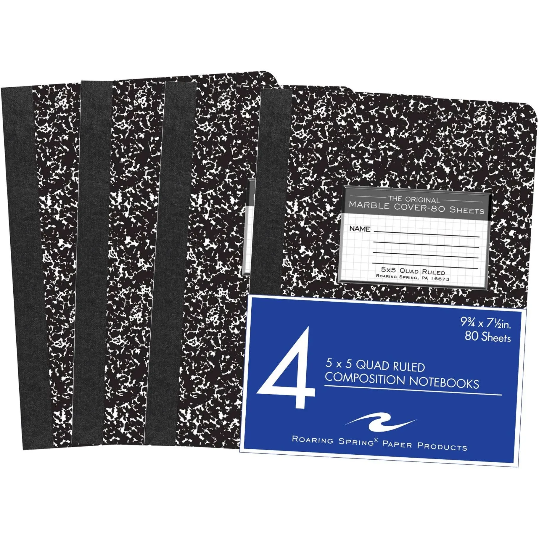 ROARING SPRING Graph Ruled Hard Cover Composition Book, 4 Pack, 9.75" x 7.5" 80 Sheets, Black Marble Cover