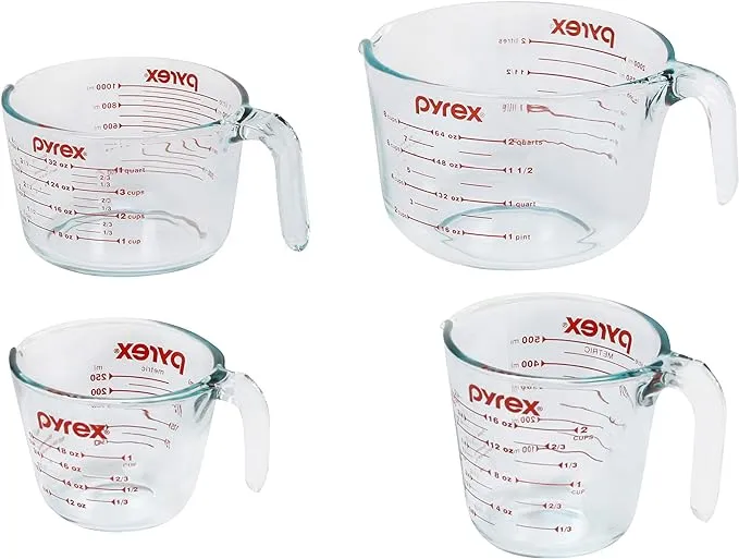 Pyrex Tempered Glass Liquid Measuring Cups Set, Includes 1-Cup, 2-Cup, 4-Cup, and 8-Cup, Dishwasher, Freezer, Microwave, and Preheated Oven Safe, Essential Kitchen Tools, 4 Piece