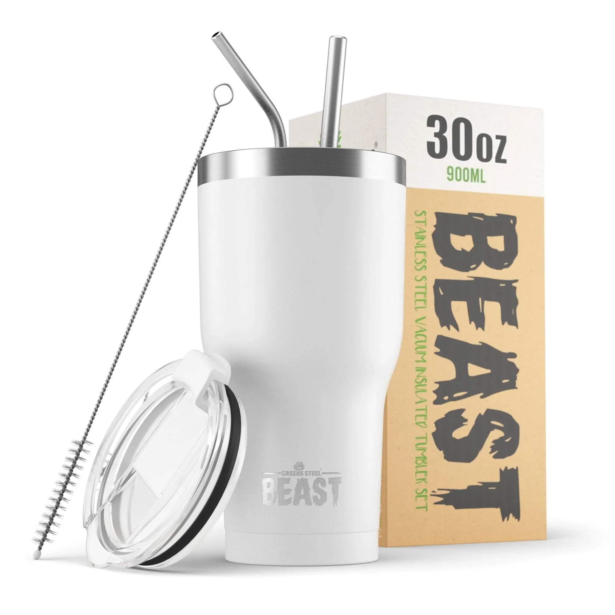 Beast Tumbler - 900 ml (30 oz), White | Reusable Stainless Steel, Vacuum Insulated Cup | with + 2 Straws & Cleaning Brush | Double Wall Travel Flask Perfect for Hot or Iced Coffee | BPA Free