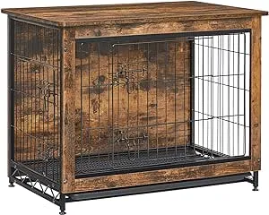 Feandrea - Wooden Dog Crate, Indoor Pet Crate End Table, Dog Furniture with Removable Tray, Rustic Brown and Black