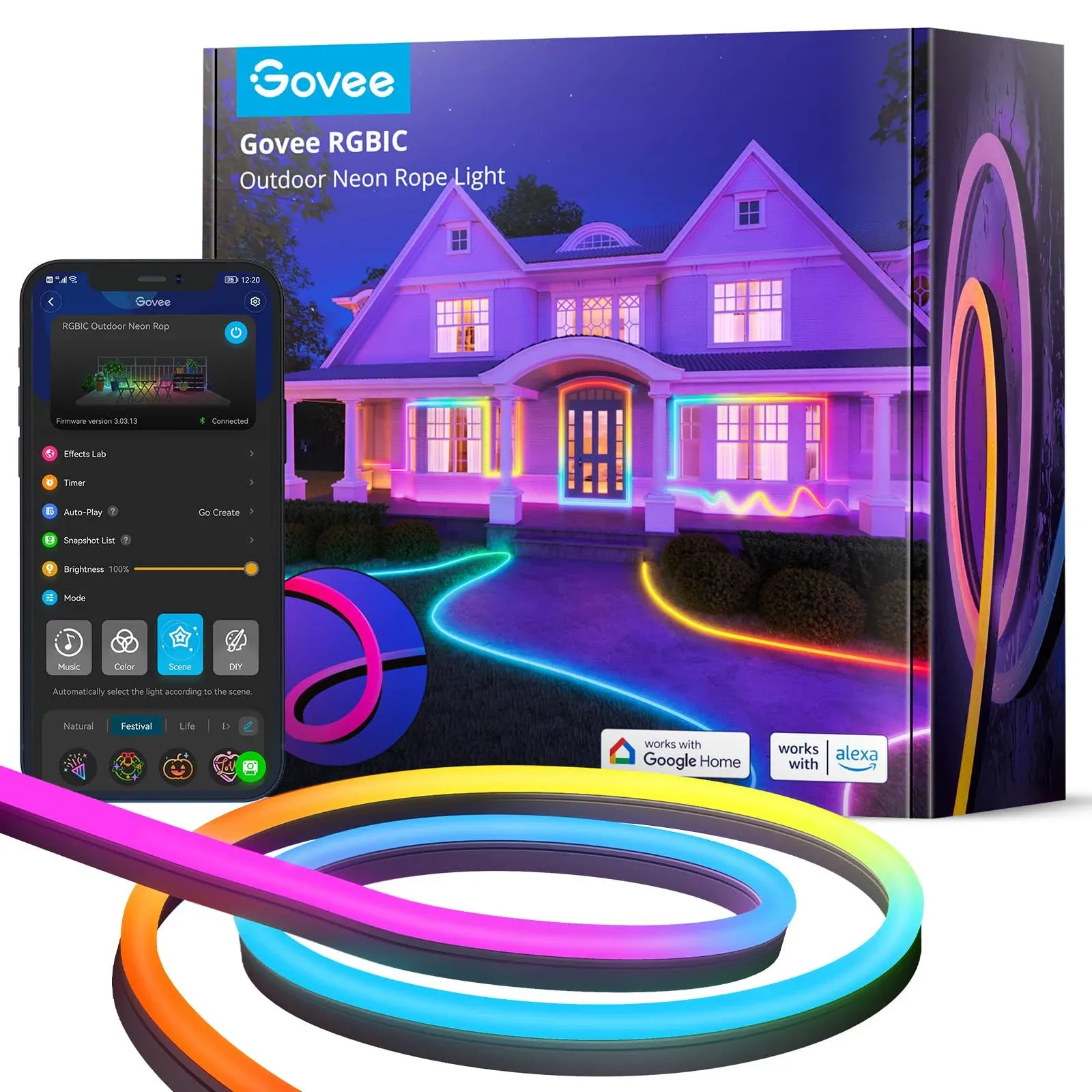 Govee Outdoor Neon Rope Lights 32.8ft RGBIC IP67 Waterproof Halloween Decorations with 64 Scene Modes