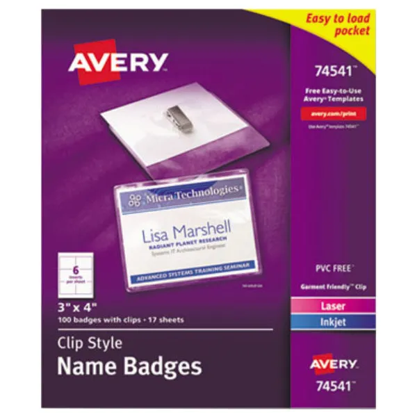 Avery Customizable Name Badge Clips, 3" x 4", White, 100 Printable Inserts and Badge Holders with Clips (74541)