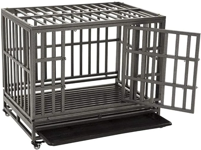 KELIXU 38" Heavy Duty Dog Crate Ultra-High Hardness Enhanced Steel Pet Kennel Playpen with Two Prevent Escape Lock, Large Dogs Cage with Four Wheels, Upgraded, Black