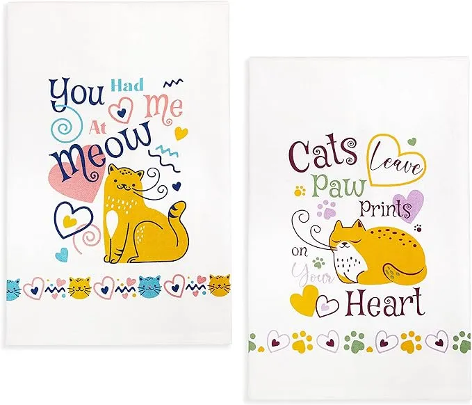 Set of 2 Cat Lover Kitchen Towel Set Cats Paw Prints Kitchen Dish Hand Towels