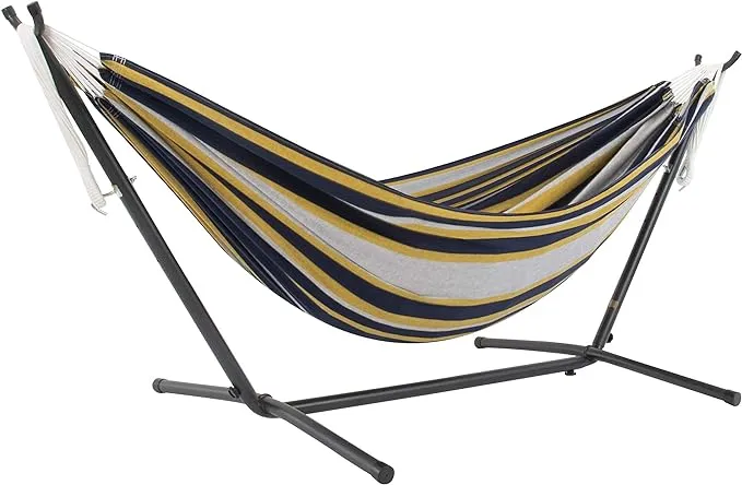 Vivere Double Cotton Hammock with Space Saving Steel Stand, Cayo Reef (450 lb Capacity - Premium Carry Bag Included)