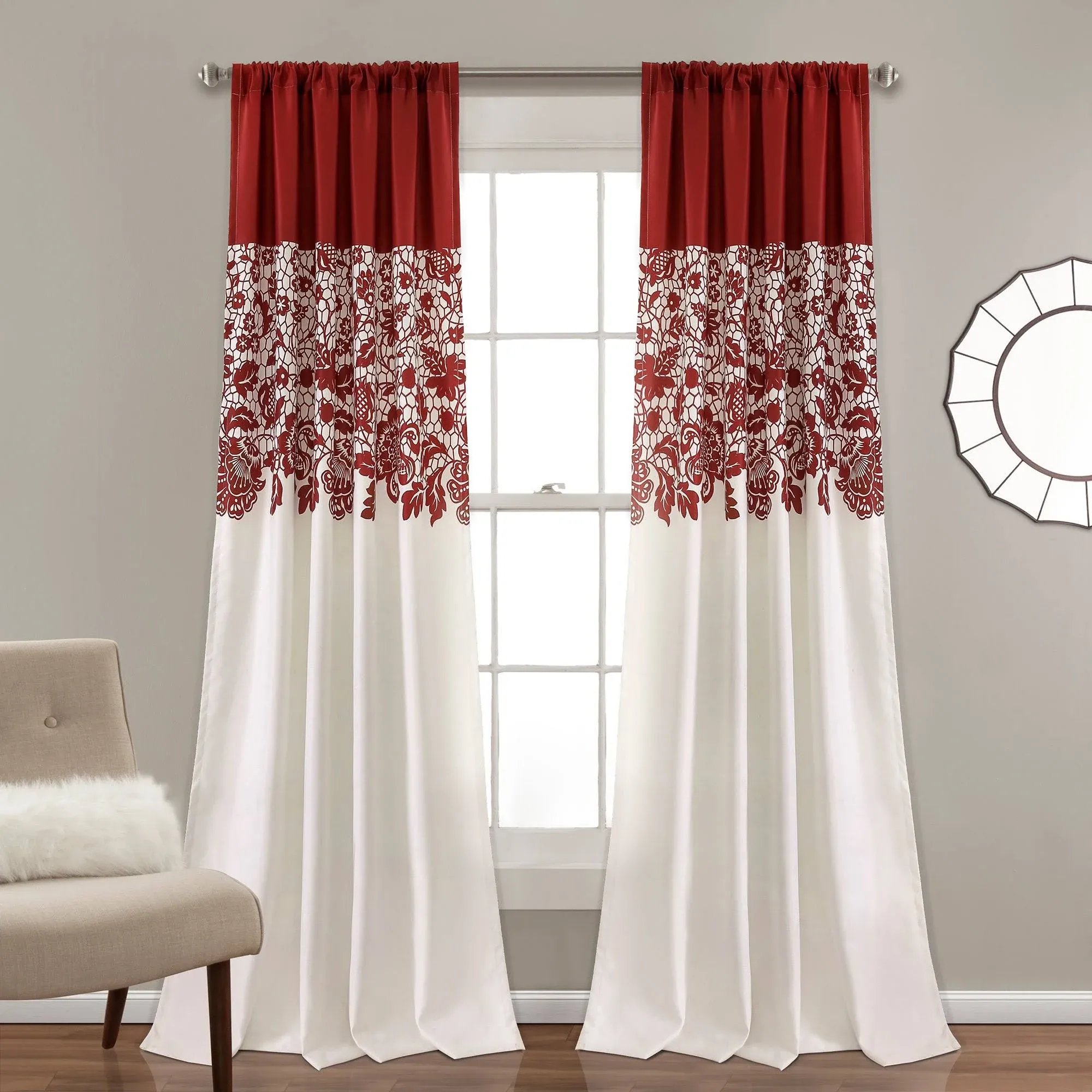 Lush Decor Estate Garden Print Room Darkening Window Curtain Red Set 52x84