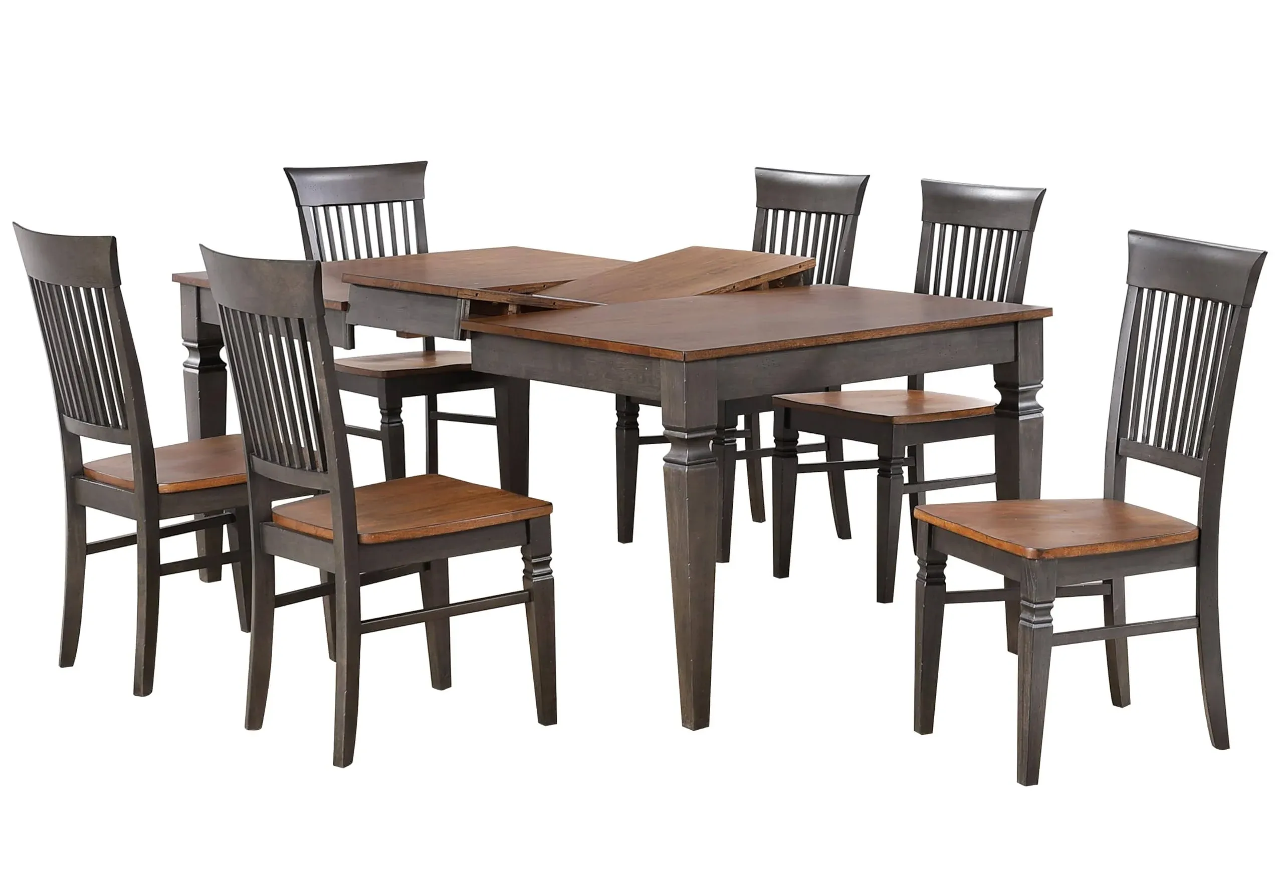 Sunset Trading Dakota 60-78" Rectangular Expandable Butterfly Leaf Dining Table Set with 6 Slat Back Chairs | Distressed Brown and Ash Gray Solid Wood | Space-Saving Kitchen Furniture | Seats 4, 6, 8