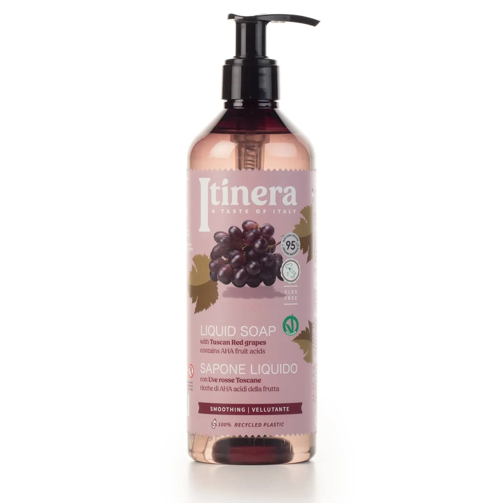 Itinera Smoothing Liquid Soap with Tuscan Red Grapes (12.51 fl oz) - with Aloe vera and Glycerine - Vegan Friendly - 95% Natural Origin Ingredients