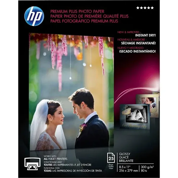 HP Premium Plus Photo Paper for Inkjet Printers, Glossy, Letter Size (8 1/2" x 11"), 80 Lb., Pack Of 25 Sheets (CR670A)