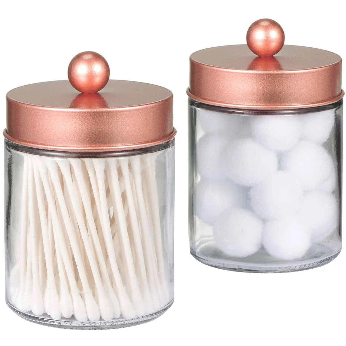 Amolliar Apothecary Jars Bathroom Storage Organizer -Countertop Storage Organizer Canister - Attractive Qtip Dispenser Holder Glass with Lid- for Cotton Swabs,Bath Salts,Hair Band / 2-Pack(Rose Gold)